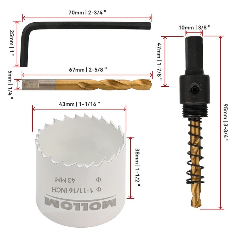 Mollom (43mm | 1-11/16") HSS M42 with 8% Cobalt BI-Metal Hole Saw with 2 Pilot Drill Bits & Arbor Smooth Cutting for PVC,Drywall,Wood,Plastic,Gypsum Board,Rubber - Image 2
